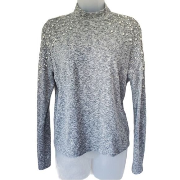 H&M Womens Sweater SZ XS Pearls Long Sleeves Gray Mockneck Lightweight Trendy‎ - Picture 1 of 11